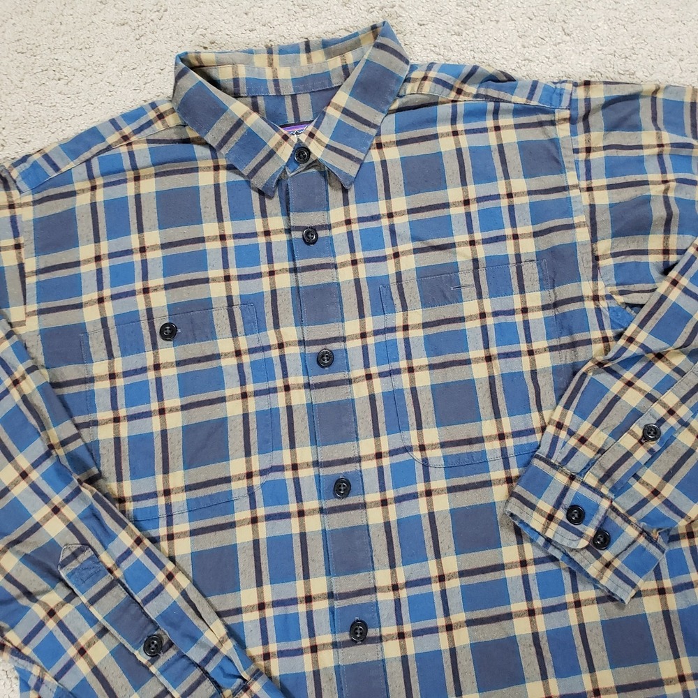 Patagonia Shirt Men M Blue Tan Plaid Pima Cotton Long Sleeve Outdoor Hiking Gorp